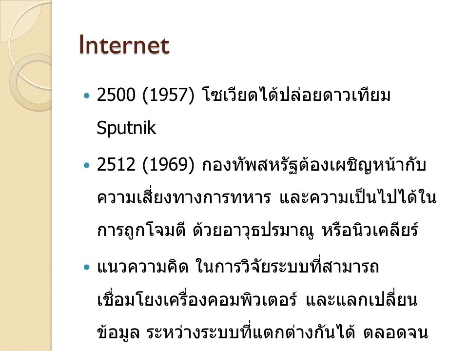 Internet 2500 (1957) โซเวียดได้ปล่อยดาวเทียม Sputnik 2512 (1969) กองทัพสหรัฐต้องเผชิญหน้ากับ ความเสี่ยงทางการทหาร และความเป็นไปได้ใน การถูกโจมตี ด้วยอาวุธปรมาณู หรือนิวเคลียร์ แนวความคิด ในการวิจัยระบบที่สามารถ เชื่อมโยงเครื่องคอมพิวเตอร์ และแลกเปลี่ยน ข้อมูล ระหว่างระบบที่แตกต่างกันได้ ตลอดจน สามารถรับส่งข้อมูลระหว่างกัน ได้อย่างไม่ ผิดพลาด กลาโหมอเมริกัน ARPA NET