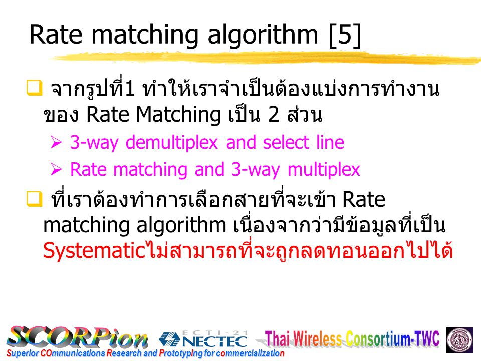 Superior COmmunications Research and Prototyping for commercialization Rate matching algorithm [5]  จากรูปที่ 1 ทำให้เราจำเป็นต้องแบ่งการทำงาน ของ Rate Matching เป็น 2 ส่วน  3-way demultiplex and select line  Rate matching and 3-way multiplex  ที่เราต้องทำการเลือกสายที่จะเข้า Rate matching algorithm เนื่องจากว่ามีข้อมูลที่เป็น Systematic ไม่สามารถที่จะถูกลดทอนออกไปได้