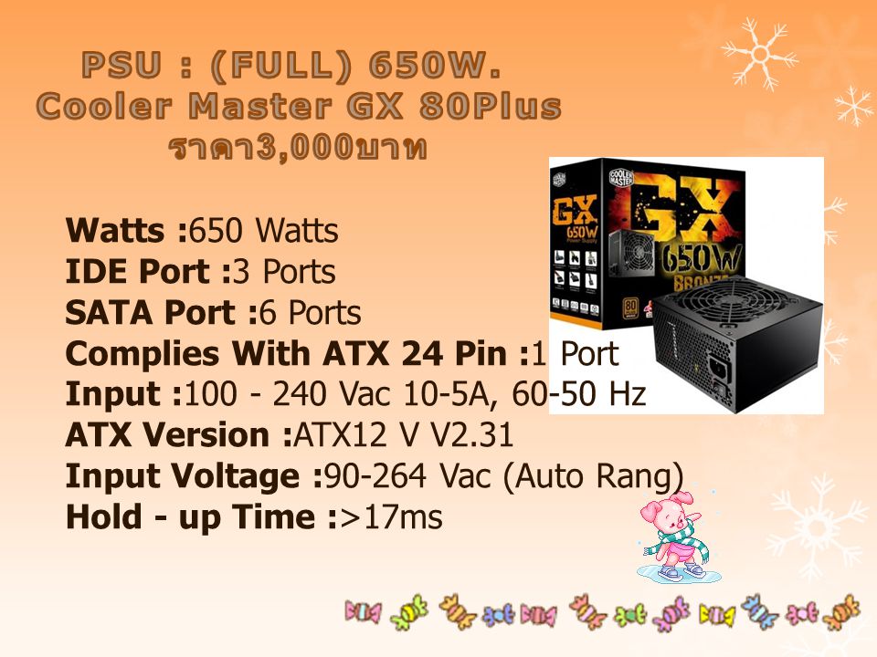 Watts :650 Watts IDE Port :3 Ports SATA Port :6 Ports Complies With ATX 24 Pin :1 Port Input : Vac 10-5A, Hz ATX Version :ATX12 V V2.31 Input Voltage : Vac (Auto Rang) Hold - up Time :>17ms