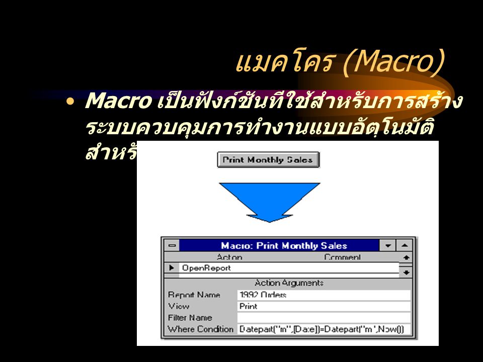 แมคโคร (Macro) Macro เป็นฟังก์ชันทีใช้สำหรับการสร้าง ระบบควบคุมการทำงานแบบอัตฺโนมัติ สำหรับงานระดับโปรแกรม