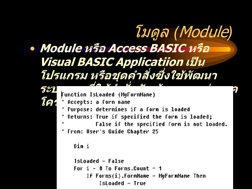 โมดูล (Module) Module หรือ Access BASIC หรือ Visual BASIC Applicatiion เป็น โปรแกรม หรือชุดคำสั่งซึ่งใช้พัฒนา ระบบงานที่ใช้คำสั่งซับซ้อนมากกว่าแมค โคร