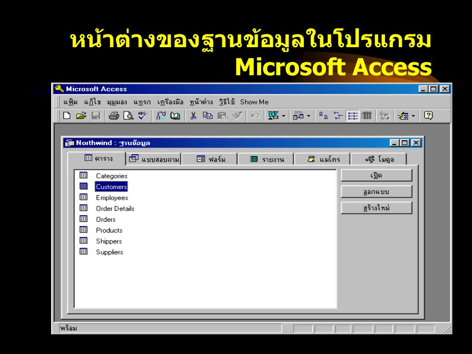 หน้าต่างของฐานข้อมูลในโปรแกรม Microsoft Access