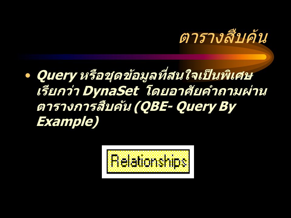 ตารางสืบค้น Query หรือชุดข้อมูลที่สนใจเป็นพิเศษ เรียกว่า DynaSet โดยอาศัยคำถามผ่าน ตารางการสืบค้น (QBE- Query By Example)