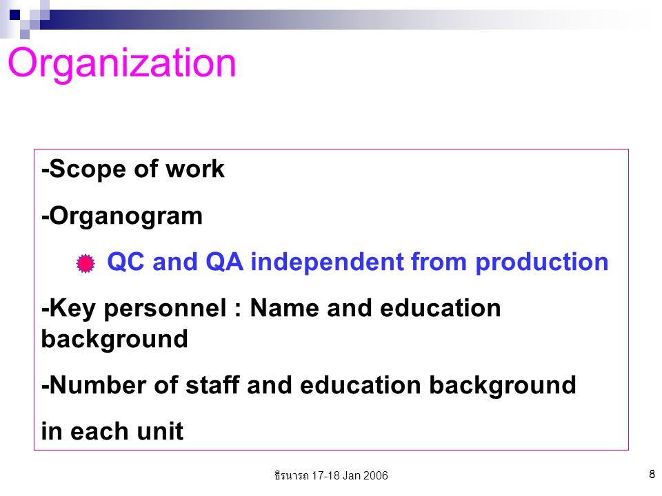 ธีรนารถ Jan Organization -Scope of work -Organogram QC and QA independent from production -Key personnel : Name and education background -Number of staff and education background in each unit
