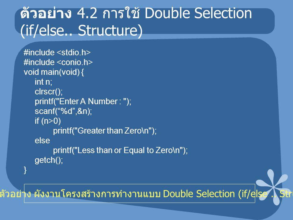 ตัวอย่าง 4.2 การใช้ Double Selection (if/else..