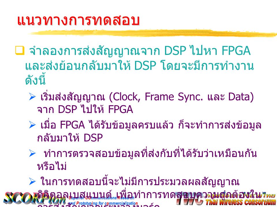 Superior COmmunications Research and Prototyping for commercialization แนวทางการทดสอบ  จำลองการส่งสัญญาณจาก DSP ไปหา FPGA และส่งย้อนกลับมาให้ DSP โดยจะมีการทำงาน ดังนี้  เริ่มส่งสัญญาณ (Clock, Frame Sync.