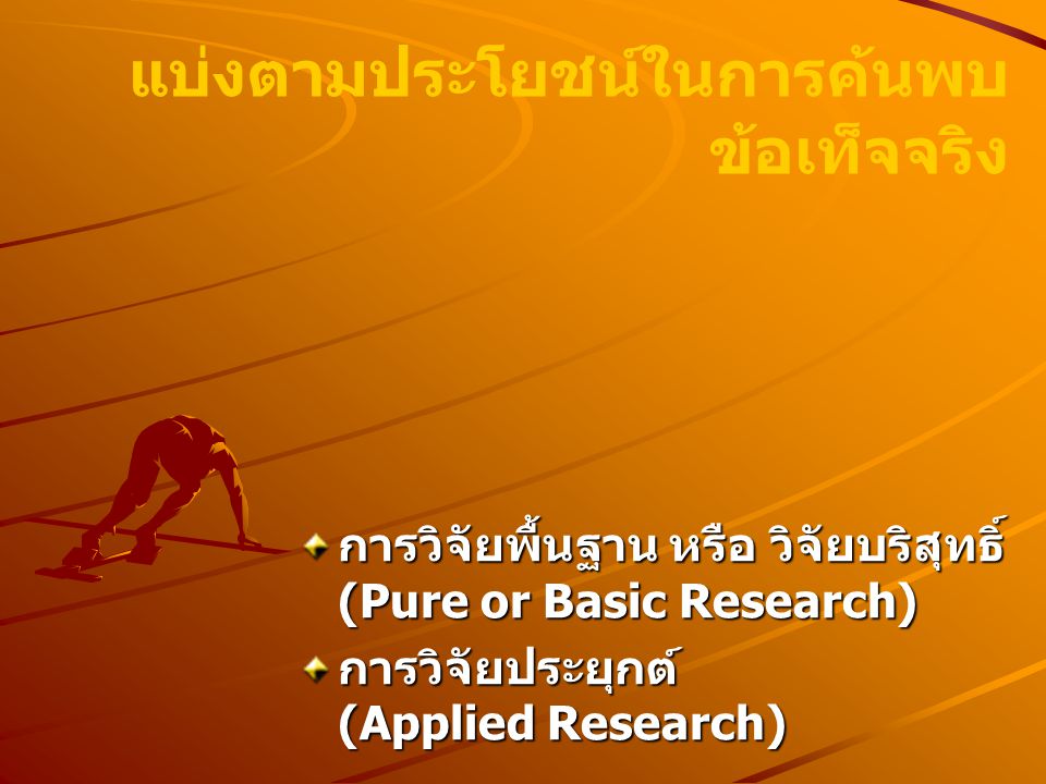 แบ่งตามประโยชน์ในการค้นพบ ข้อเท็จจริง การวิจัยพื้นฐาน หรือ วิจัยบริสุทธิ์ (Pure or Basic Research) การวิจัยประยุกต์ (Applied Research)