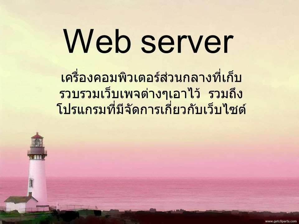 Web server เครื่องคอมพิวเตอร์ส่วนกลางที่เก็บ รวบรวมเว็บเพจต่างๆเอาไว้ รวมถึง โปรแกรมที่มีจัดการเกี่ยวกับเว็บไซต์