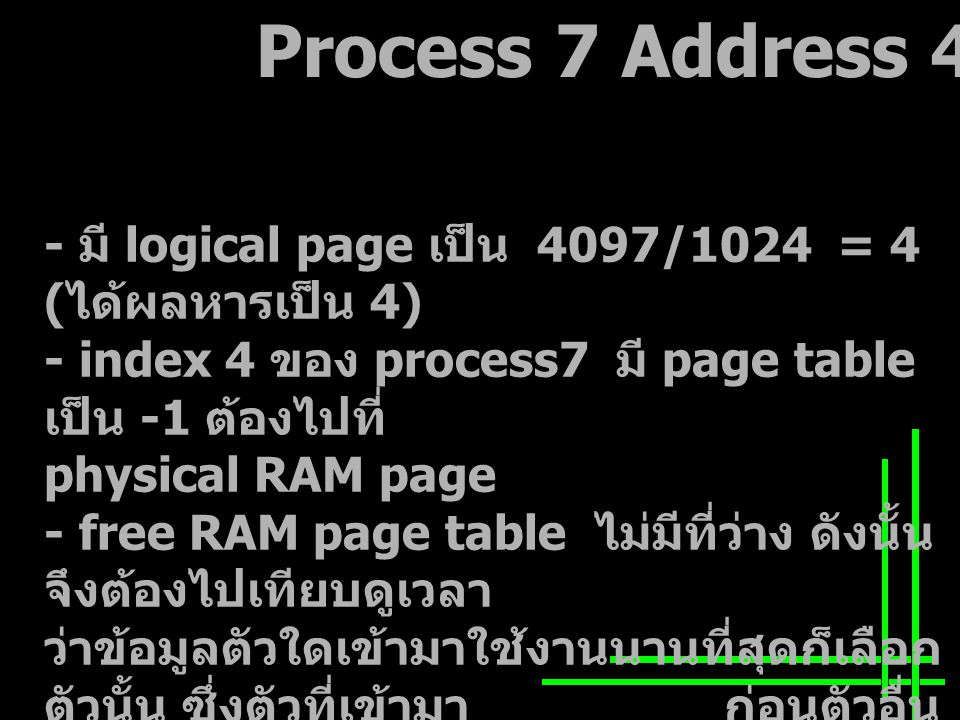 Process 7 Address มี logical page เป็น 4097/1024 = 4 ( ได้ผลหารเป็น 4) - index 4 ของ process7 มี page table เป็น -1 ต้องไปที่ physical RAM page - free RAM page table ไม่มีที่ว่าง ดังนั้น จึงต้องไปเทียบดูเวลา ว่าข้อมูลตัวใดเข้ามาใช้งานนานที่สุดก็เลือก ตัวนั้น ซึ่งตัวที่เข้ามา ก่อนตัวอื่น ก็คือ physical RAM page 3 ที่เวลา 10:14 และต้อง ปรับเวลาล่าสุดจากนั้นกลับไปทำที่ DASD page จาก backing store