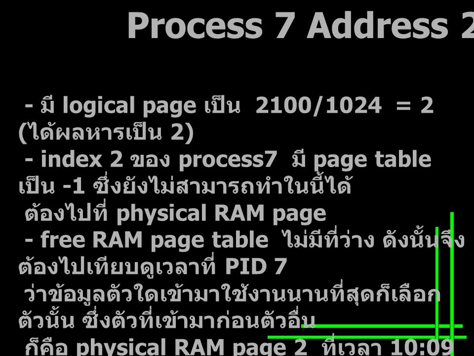 Process 7 Address มี logical page เป็น 2100/1024 = 2 ( ได้ผลหารเป็น 2) - index 2 ของ process7 มี page table เป็น -1 ซึ่งยังไม่สามารถทำในนี้ได้ ต้องไปที่ physical RAM page - free RAM page table ไม่มีที่ว่าง ดังนั้นจึง ต้องไปเทียบดูเวลาที่ PID 7 ว่าข้อมูลตัวใดเข้ามาใช้งานนานที่สุดก็เลือก ตัวนั้น ซึ่งตัวที่เข้ามาก่อนตัวอื่น ก็คือ physical RAM page 2 ที่เวลา 10:09 และต้องปรับเวลาล่าสุด จากนั้นกลับไปทำที่ DASD page จาก backing store - Free DASD Page table ที่พื้นที่ว่างอยู่ที่ page 0 ซึ่งสามารถใช้ ตัวนี้ได้โดยใส่เลข 7 ใน Free DASD Page table