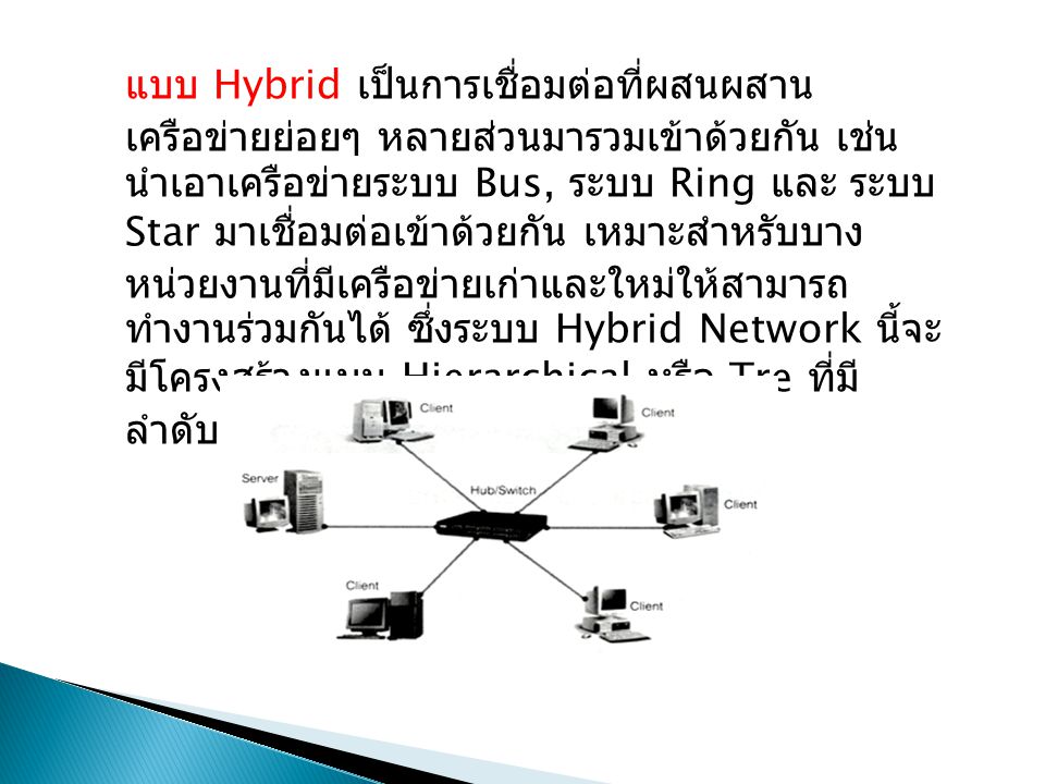 แบบ Hybrid เป็นการเชื่อมต่อที่ผสนผสาน เครือข่ายย่อยๆ หลายส่วนมารวมเข้าด้วยกัน เช่น นำเอาเครือข่ายระบบ Bus, ระบบ Ring และ ระบบ Star มาเชื่อมต่อเข้าด้วยกัน เหมาะสำหรับบาง หน่วยงานที่มีเครือข่ายเก่าและใหม่ให้สามารถ ทำงานร่วมกันได้ ซึ่งระบบ Hybrid Network นี้จะ มีโครงสร้างแบบ Hierarchical หรือ Tre ที่มี ลำดับชั้นในการทำงาน