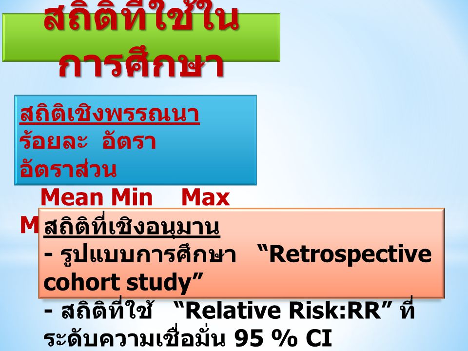 สถิติที่เชิงอนุมาน - รูปแบบการศึกษา Retrospective cohort study - สถิติที่ใช้ Relative Risk:RR ที่ ระดับความเชื่อมั่น 95 % CI