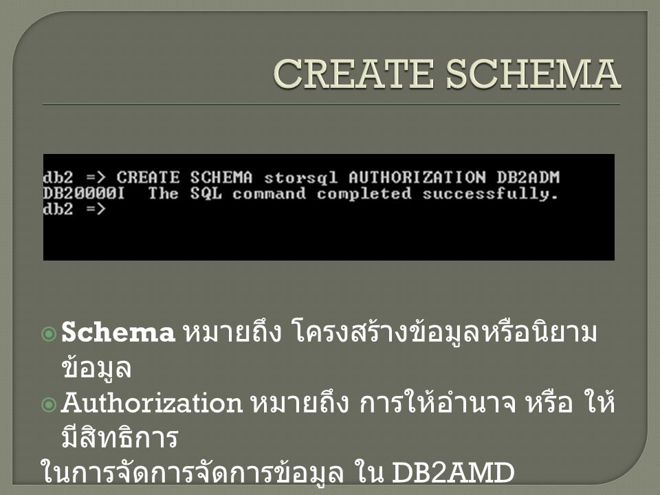 Schema หมายถึง โครงสร้างข้อมูลหรือนิยาม ข้อมูล  Authorization หมายถึง การให้อำนาจ หรือ ให้ มีสิทธิการ ในการจัดการจัดการข้อมูล ใน DB2AMD