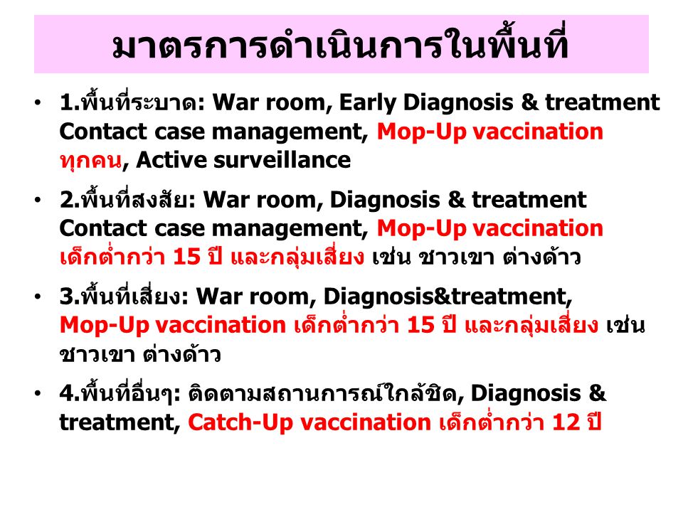 มาตรการดำเนินการในพื้นที่ 1.พื้นที่ระบาด: War room, Early Diagnosis & treatment Contact case management, Mop-Up vaccination ทุกคน, Active surveillance 2.พื้นที่สงสัย: War room, Diagnosis & treatment Contact case management, Mop-Up vaccination เด็กต่ำกว่า 15 ปี และกลุ่มเสี่ยง เช่น ชาวเขา ต่างด้าว 3.พื้นที่เสี่ยง: War room, Diagnosis&treatment, Mop-Up vaccination เด็กต่ำกว่า 15 ปี และกลุ่มเสี่ยง เช่น ชาวเขา ต่างด้าว 4.พื้นที่อื่นๆ: ติดตามสถานการณ์ใกล้ชิด, Diagnosis & treatment, Catch-Up vaccination เด็กต่ำกว่า 12 ปี