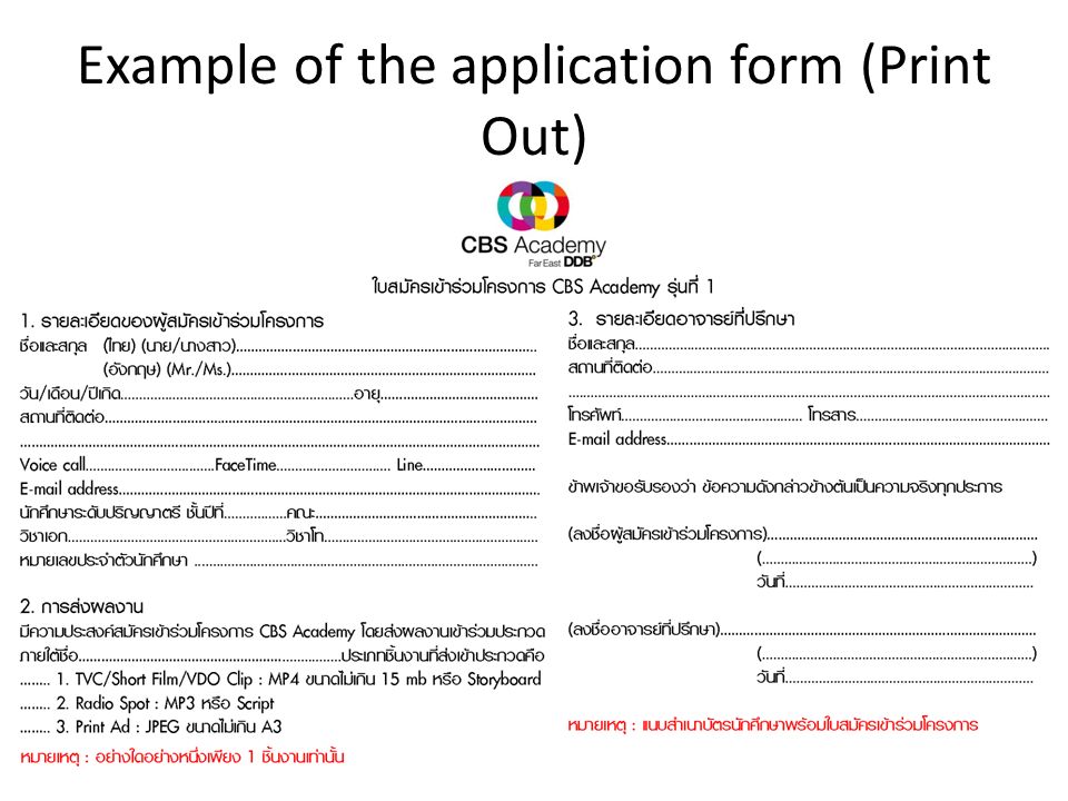Example of the application form (Print Out)