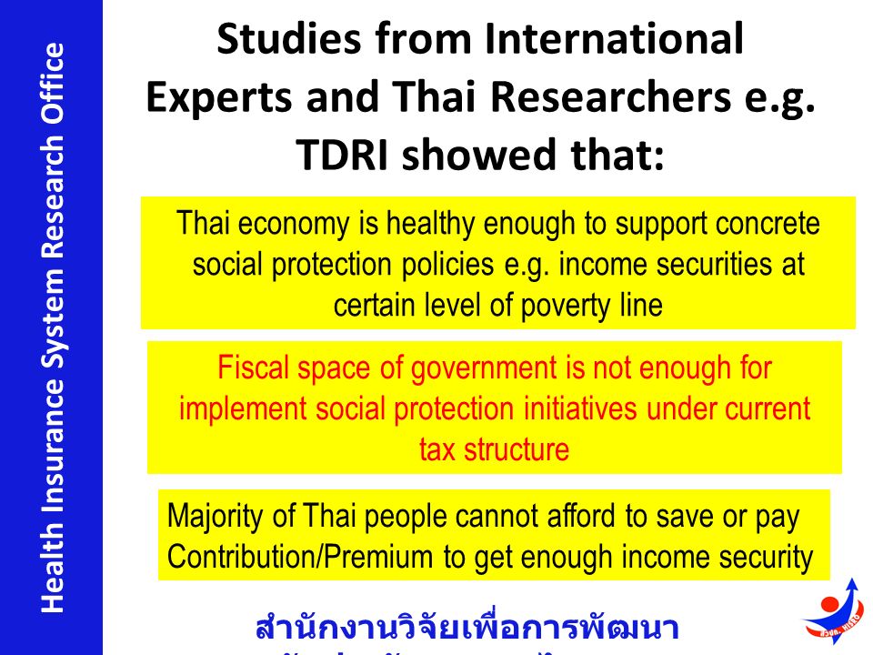 สำนักงานวิจัยเพื่อการพัฒนา หลักประกันสุขภาพไทย Health Insurance System Research Office Studies from International Experts and Thai Researchers e.g.