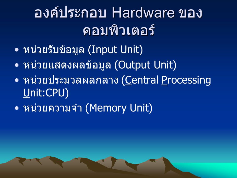 องค์ประกอบ Hardware ของ คอมพิวเตอร์ หน่วยรับข้อมูล (Input Unit) หน่วยแสดงผลข้อมูล (Output Unit) หน่วยประมวลผลกลาง (Central Processing Unit:CPU) หน่วยความจำ (Memory Unit)