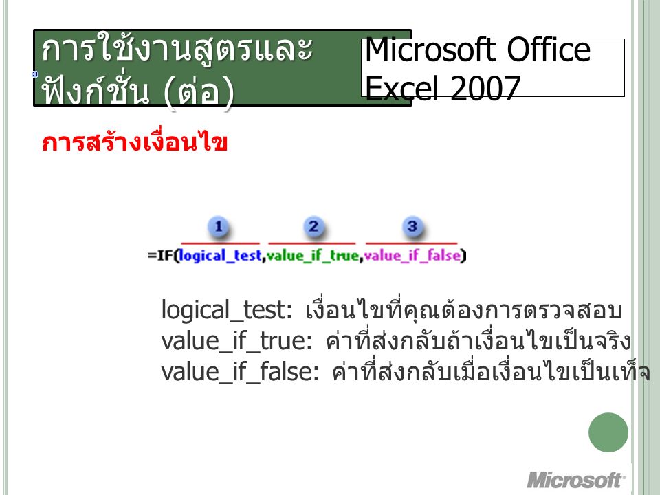 การใช้งานสูตรและ ฟังก์ชั่น ( ต่อ ) Microsoft Office Excel 2007 การสร้างเงื่อนไข logical_test: เงื่อนไขที่คุณต้องการตรวจสอบ value_if_true: ค่าที่ส่งกลับถ้าเงื่อนไขเป็นจริง value_if_false: ค่าที่ส่งกลับเมื่อเงื่อนไขเป็นเท็จ