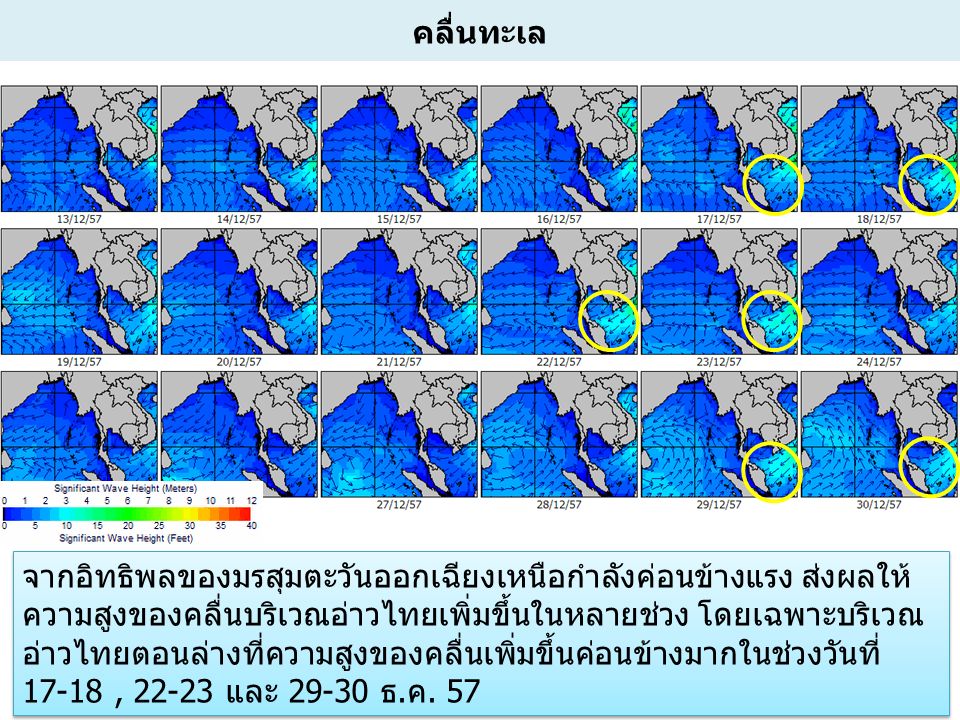 8 คลื่นทะเล จากอิทธิพลของมรสุมตะวันออกเฉียงเหนือกำลังค่อนข้างแรง ส่งผลให้ ความสูงของคลื่นบริเวณอ่าวไทยเพิ่มขึ้นในหลายช่วง โดยเฉพาะบริเวณ อ่าวไทยตอนล่างที่ความสูงของคลื่นเพิ่มขึ้นค่อนข้างมากในช่วงวันที่ 17-18, และ ธ.ค.