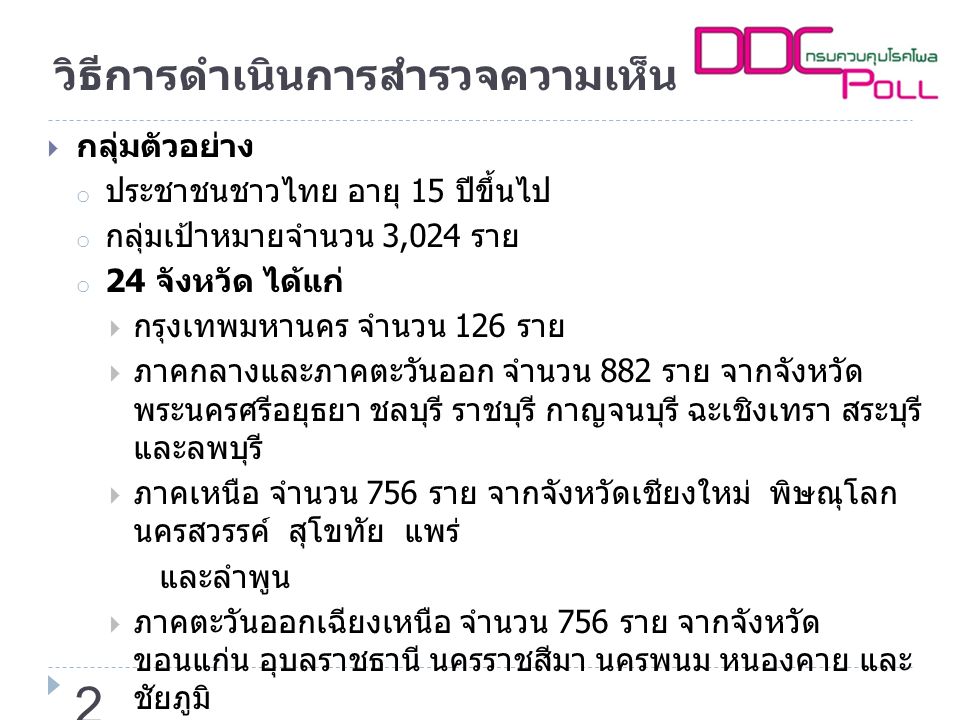 วิธีการดำเนินการสำรวจความเห็น ทัศนคติ  กลุ่มตัวอย่าง o ประชาชนชาวไทย อายุ 15 ปีขึ้นไป o กลุ่มเป้าหมายจำนวน 3,024 ราย o 24 จังหวัด ได้แก่  กรุงเทพมหานคร จำนวน 126 ราย  ภาคกลางและภาคตะวันออก จำนวน 882 ราย จากจังหวัด พระนครศรีอยุธยา ชลบุรี ราชบุรี กาญจนบุรี ฉะเชิงเทรา สระบุรี และลพบุรี  ภาคเหนือ จำนวน 756 ราย จากจังหวัดเชียงใหม่ พิษณุโลก นครสวรรค์ สุโขทัย แพร่ และลำพูน  ภาคตะวันออกเฉียงเหนือ จำนวน 756 ราย จากจังหวัด ขอนแก่น อุบลราชธานี นครราชสีมา นครพนม หนองคาย และ ชัยภูมิ  ภาคใต้ จำนวน 504 ราย จากจังหวัดสุราษฎร์ธานี นครศรีธรรมราช สงขลา และตรัง 2