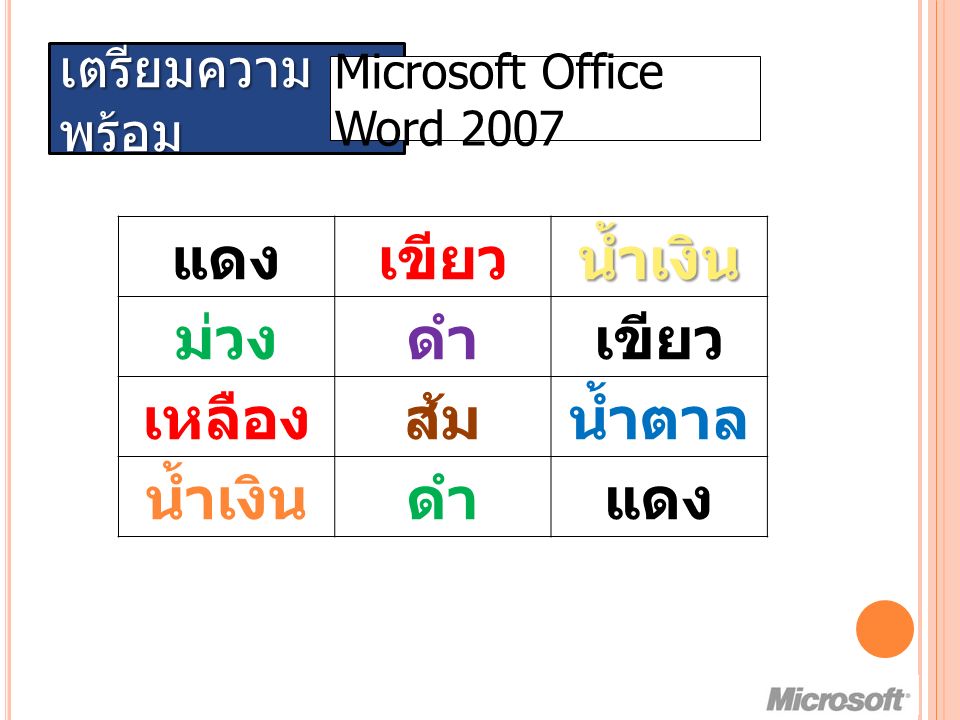 เตรียมความ พร้อม Microsoft Office Word 2007 แดงเขียวน้ำเงิน ม่วงดำเขียว เหลืองส้มน้ำตาล น้ำเงินดำแดง