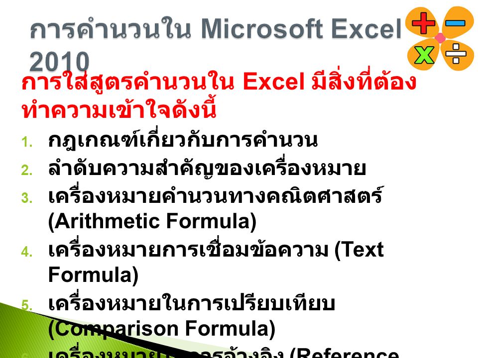 การใส่สูตรคำนวนใน Excel มีสิ่งที่ต้อง ทำความเข้าใจดังนี้ 1.