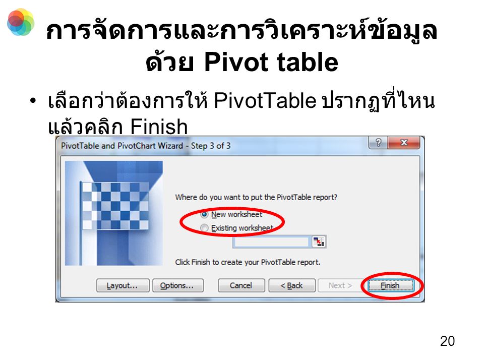 การจัดการและการวิเคราะห์ข้อมูล ด้วย Pivot table เลือกว่าต้องการให้ PivotTable ปรากฏที่ไหน แล้วคลิก Finish 20