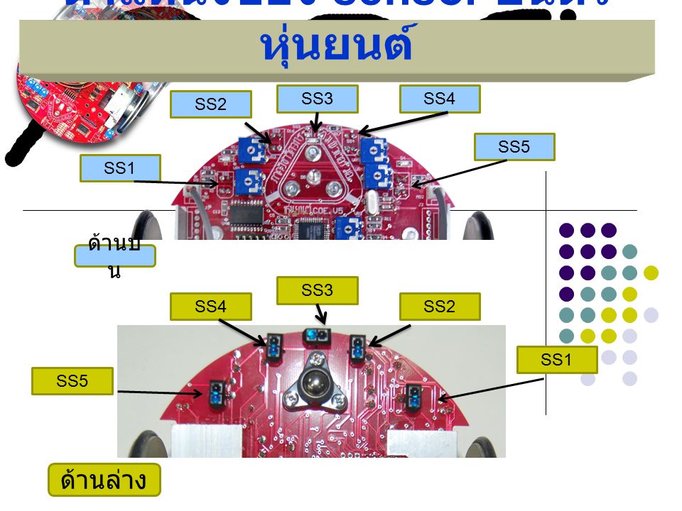 ตำแหน่งของ sensor บนตัว หุ่นยนต์ SS1 SS2 SS3 SS4 SS5 ด้านล่าง SS1 SS2 SS3SS4 SS5 ด้านบ น