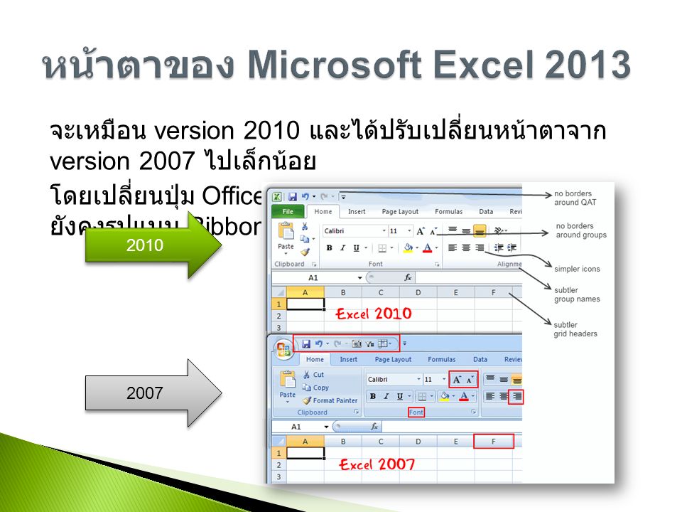 จะเหมือน version 2010 และได้ปรับเปลี่ยนหน้าตาจาก version 2007 ไปเล็กน้อย โดยเปลี่ยนปุ่ม Office Button กลับเป็น Menu File แต่ ยังคงรูปแบบ Ribbon ไว้