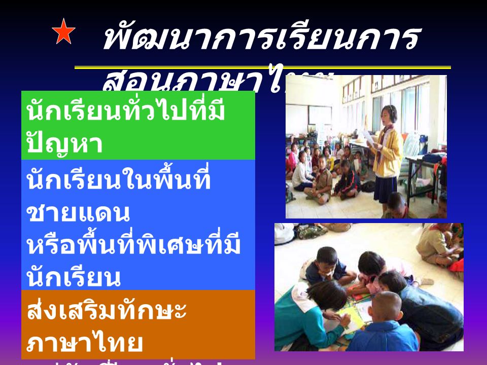 พัฒนาการเรียนการ สอนภาษาไทย นักเรียนทั่วไปที่มี ปัญหา การอ่านการเขียน ภาษาไทย นักเรียนในพื้นที่ ชายแดน หรือพื้นที่พิเศษที่มี นักเรียน ใช้ภาษาท้องถิ่น ( เช่น กระเหรี่ยง มอญ เขมร ฯลฯ ) ส่งเสริมทักษะ ภาษาไทย แก่นักเรียนทั่วไป