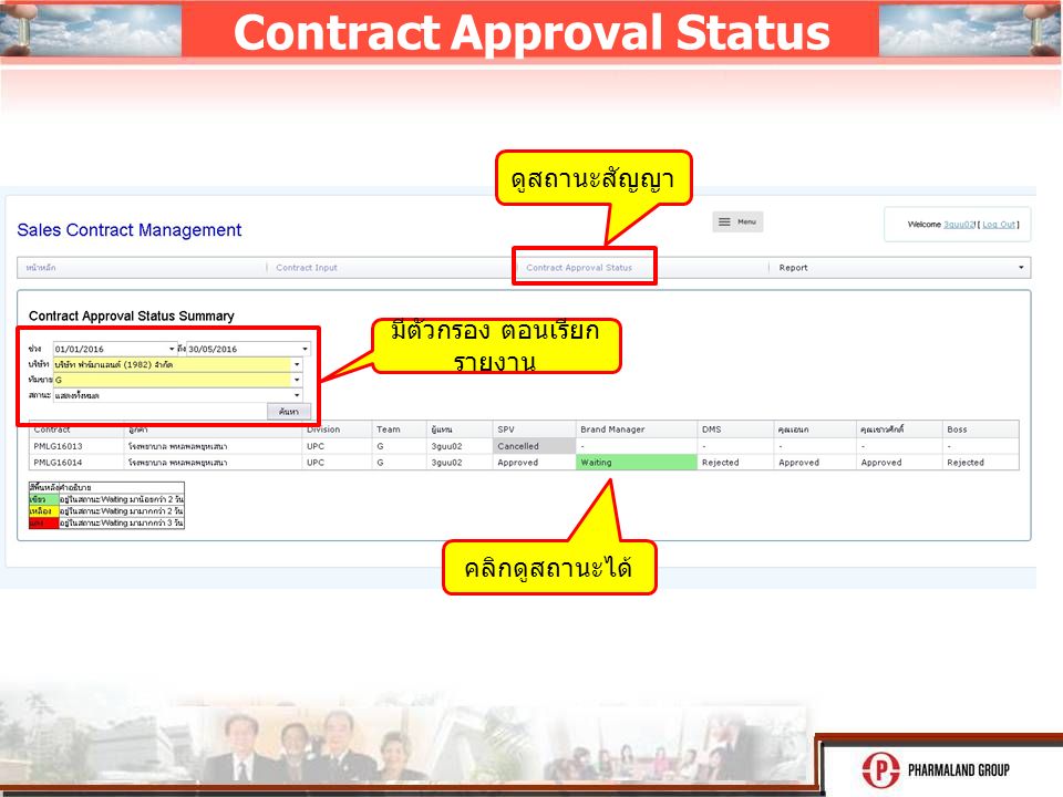 Contract Approval Status มีตัวกรอง ตอนเรียก รายงาน คลิกดูสถานะได้ ดูสถานะสัญญา