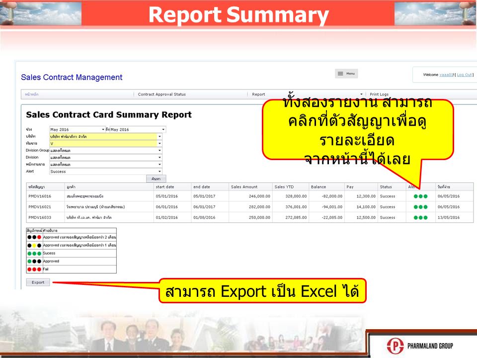 Report Summary สามารถ Export เป็น Excel ได้ ทั้งสองรายงาน สามารถ คลิกที่ตัวสัญญาเพื่อดู รายละเอียด จากหน้านี้ได้เลย