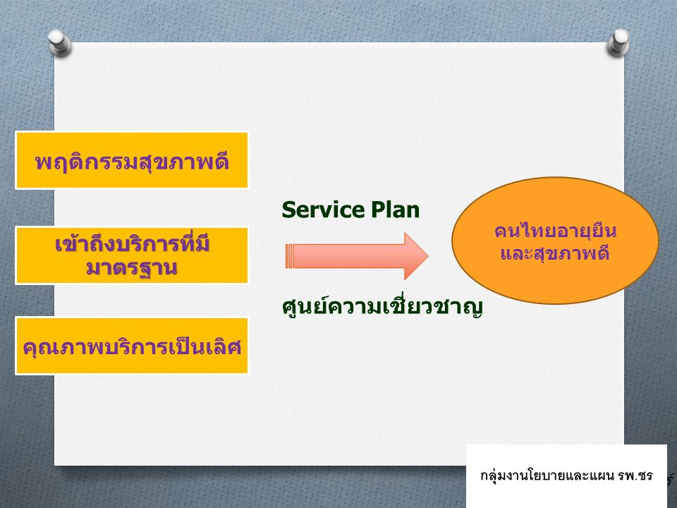 พฤติกรรมสุขภาพดี เข้าถึงบริการที่มี มาตรฐาน คุณภาพบริการเป็นเลิศ คนไทยอายุยืน และสุขภาพดี Service Plan ศูนย์ความเชี่ยวชาญ