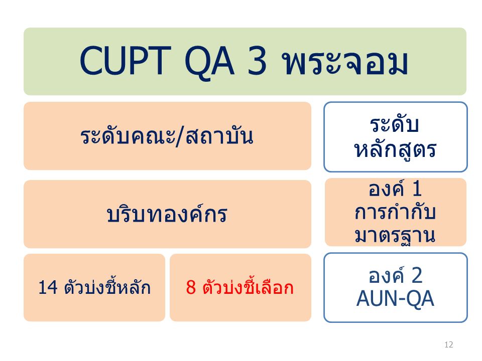 12 CUPT QA 3 พระจอม ระดับคณะ/สถาบัน บริบทองค์กร 14 ตัวบ่งชี้หลัก8 ตัวบ่งชี้เลือก ระดับ หลักสูตร องค์ 1 การกำกับ มาตรฐาน องค์ 2 AUN-QA