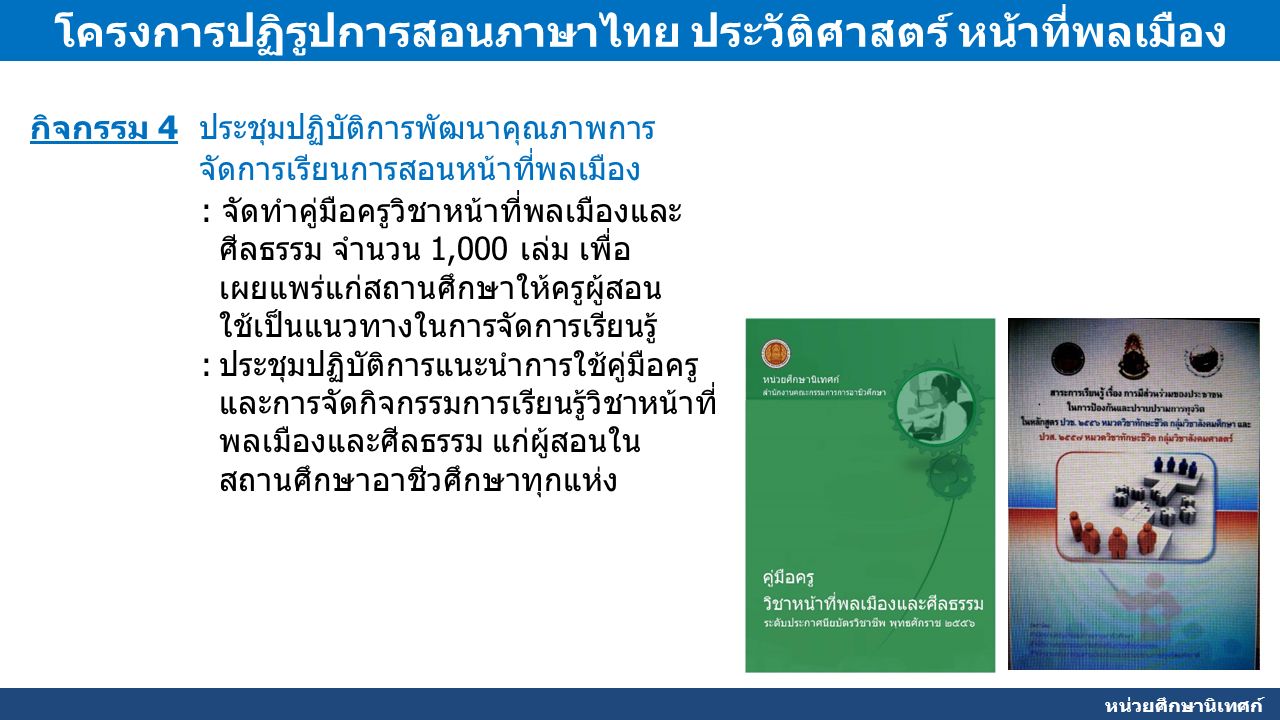 หน่วยศึกษานิเทศก์ โครงการปฏิรูปการสอนภาษาไทย ประวัติศาสตร์ หน้าที่พลเมือง กิจกรรม 4 ประชุมปฏิบัติการพัฒนาคุณภาพการ จัดการเรียนการสอนหน้าที่พลเมือง : จัดทำคู่มือครูวิชาหน้าที่พลเมืองและ ศีลธรรม จำนวน 1,000 เล่ม เพื่อ เผยแพร่แก่สถานศึกษาให้ครูผู้สอน ใช้เป็นแนวทางในการจัดการเรียนรู้ :ประชุมปฏิบัติการแนะนำการใช้คู่มือครู และการจัดกิจกรรมการเรียนรู้วิชาหน้าที่ พลเมืองและศีลธรรม แก่ผู้สอนใน สถานศึกษาอาชีวศึกษาทุกแห่ง