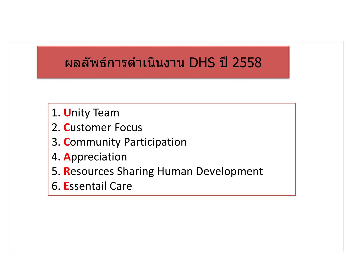 ผลลัพธ์การดำเนินงาน DHS ปี Unity Team 2. Customer Focus 3.