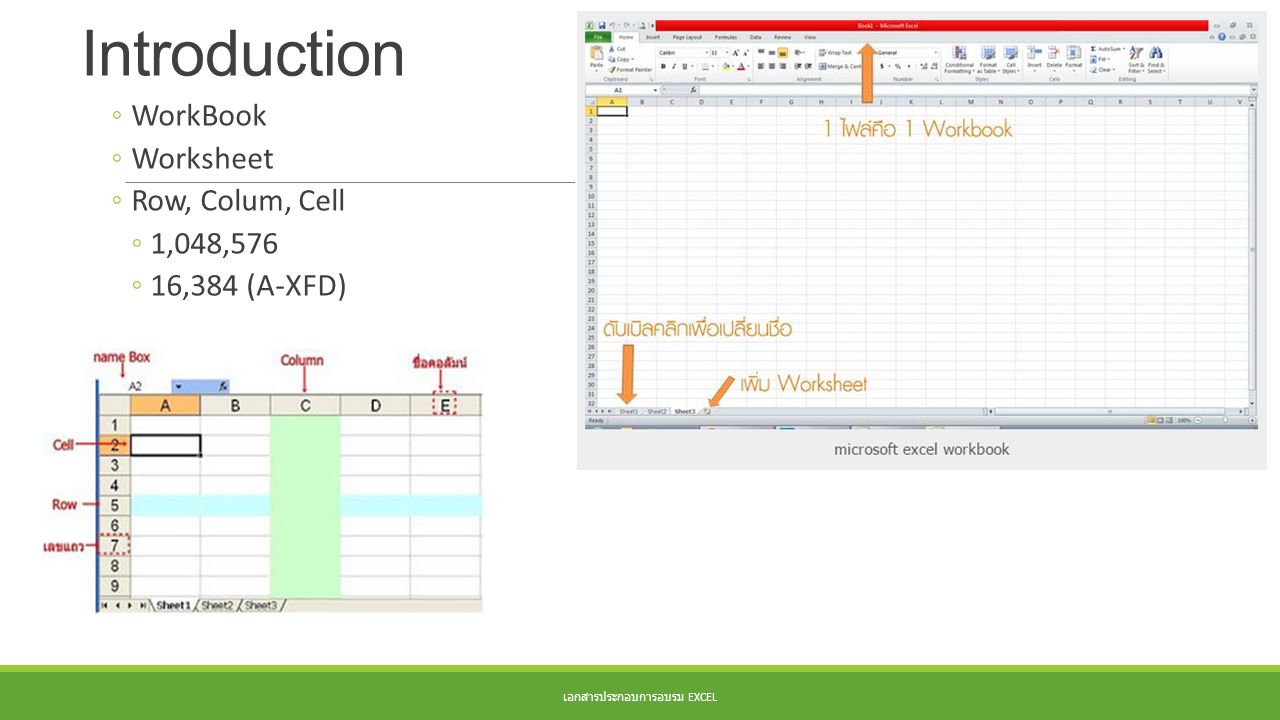Introduction ◦WorkBook ◦Worksheet ◦Row, Colum, Cell ◦1,048,576 ◦16,384 (A-XFD) เอกสารประกอบการอบรม EXCEL