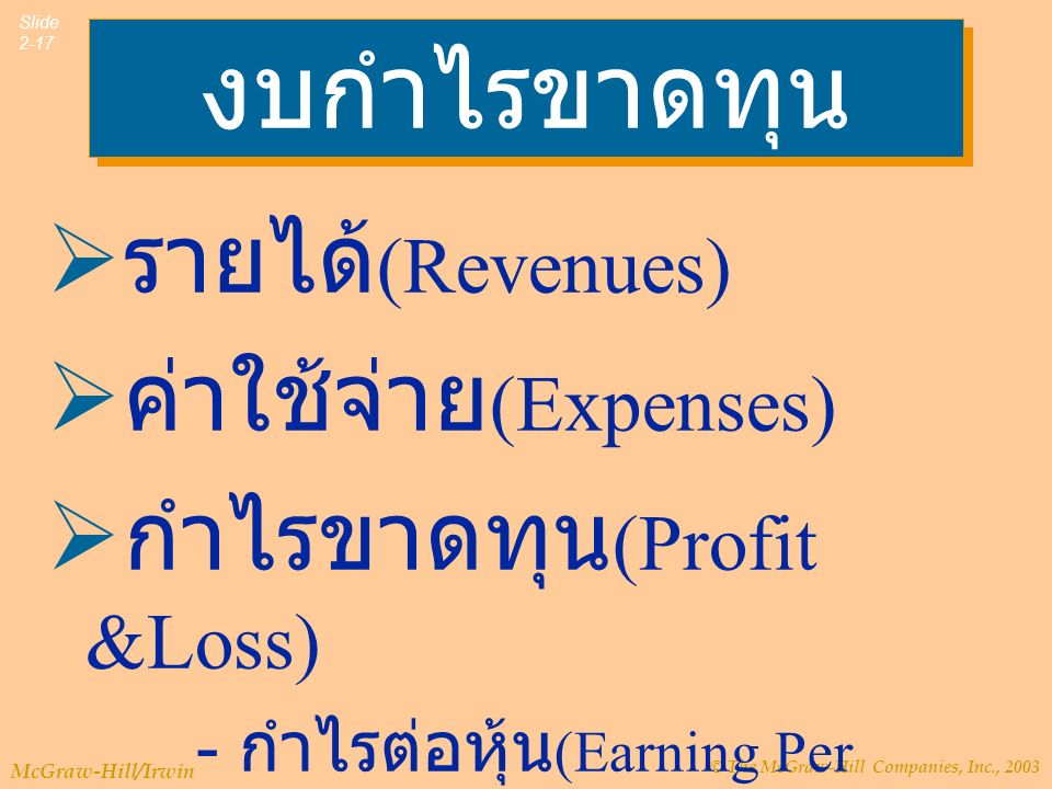 © The McGraw-Hill Companies, Inc., 2003 McGraw-Hill/Irwin Slide 2-17 งบกำไรขาดทุน  รายได้ (Revenues)  ค่าใช้จ่าย (Expenses)  กำไรขาดทุน (Profit &Loss) - กำไรต่อหุ้น (Earning Per Share)