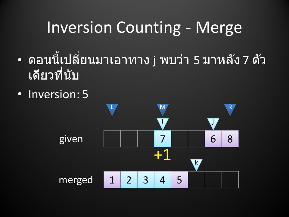 Inversion Counting - Merge • ตอนนี้เปลี่ยนมาเอาทาง j พบว่า 5 มาหลัง 7 ตัว เดียวที่นับ • Inversion: L L M M R R i i j j given merged k k