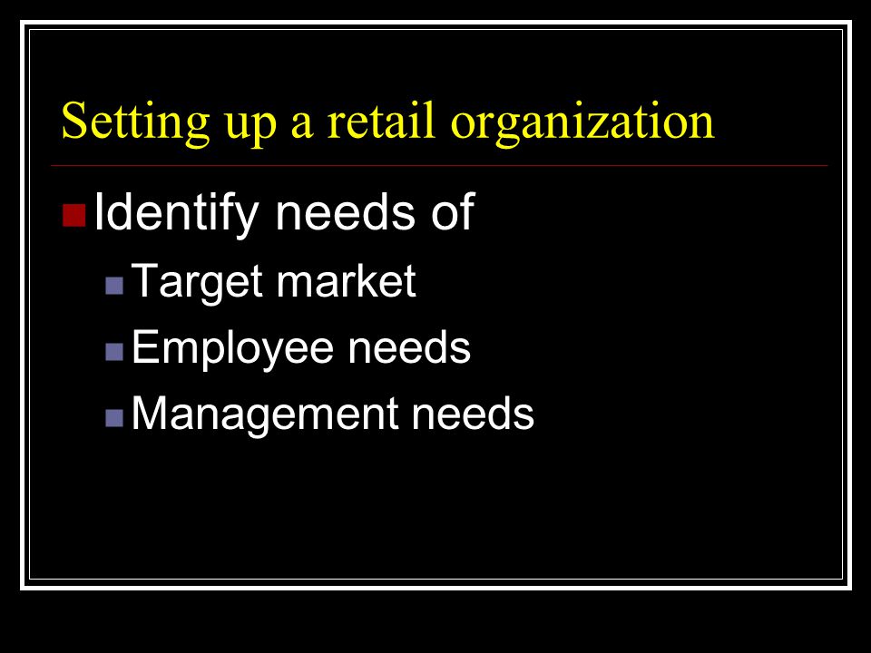 Setting up a retail organization  Identify needs of  Target market  Employee needs  Management needs