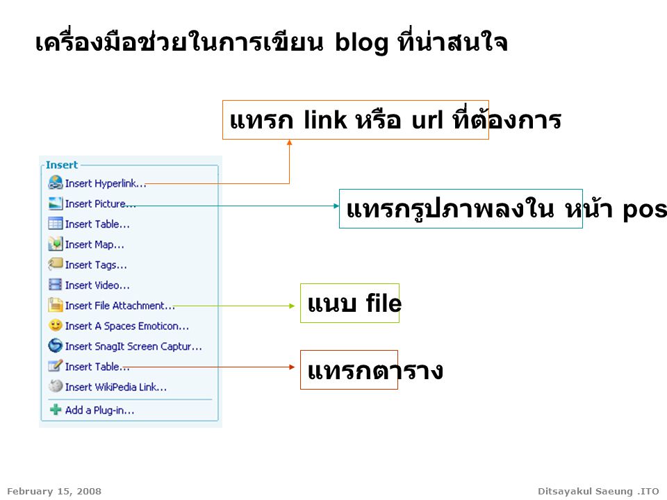 Ditsayakul Saeung.ITOFebruary 15, 2008 เครื่องมือช่วยในการเขียน blog ที่น่าสนใจ แทรก link หรือ url ที่ต้องการ แทรกรูปภาพลงใน หน้า post แนบ file แทรกตาราง