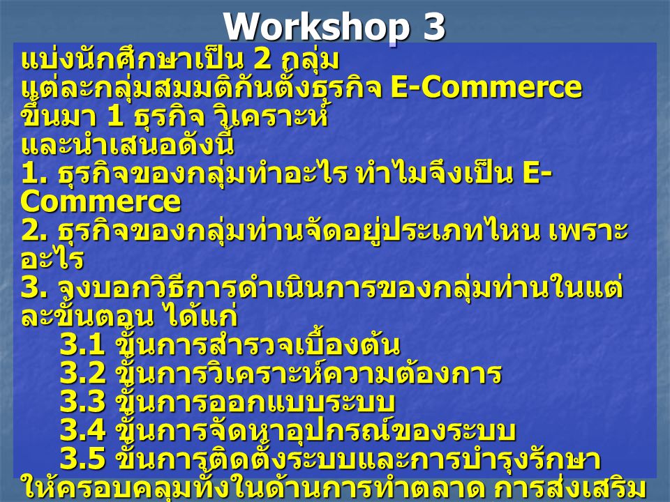 Workshop 3 แบ่งนักศึกษาเป็น 2 กลุ่ม แต่ละกลุ่มสมมติกันตั้งธุรกิจ E-Commerce ขึ้นมา 1 ธุรกิจ วิเคราะห์ และนำเสนอดังนี้ 1.