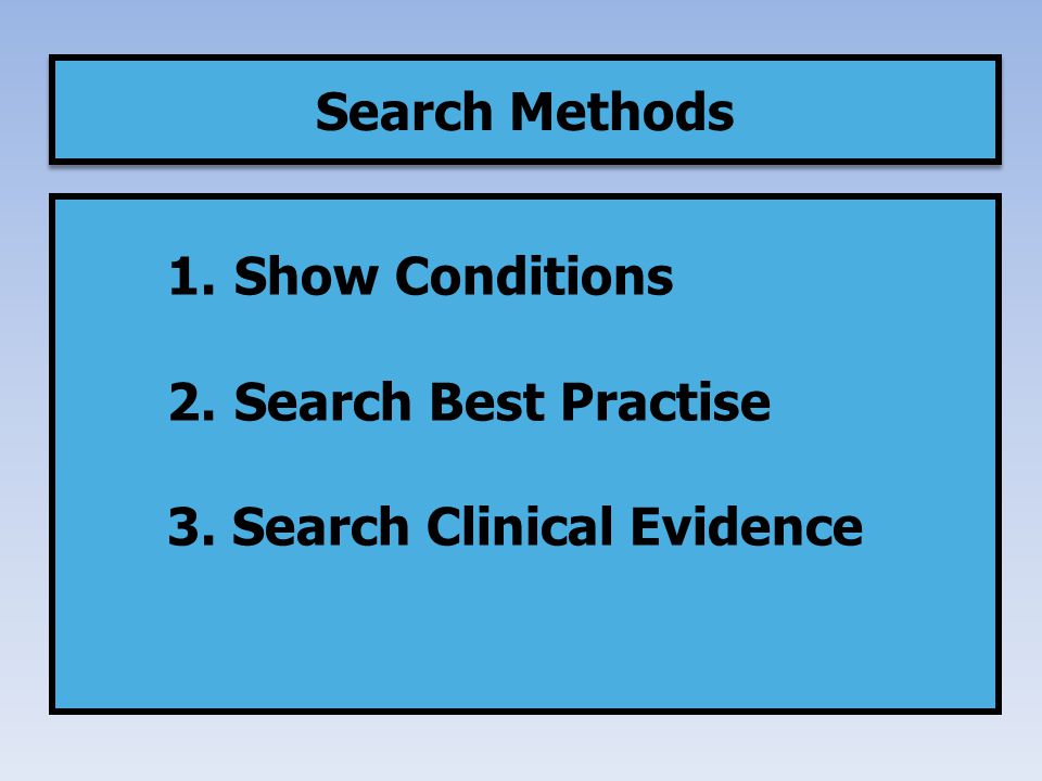 1. Show Conditions 2. Search Best Practise 3. Search Clinical Evidence Search Methods