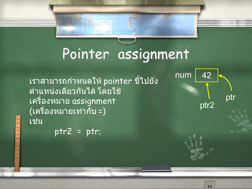 Pointer assignment 42 num ptr ptr2 เราสามารถกำหนดให้ pointer ชี้ไปยัง ตำแหน่งเดียวกันได้ โดยใช้ เครื่องหมาย assignment ( เครื่องหมายเท่ากับ =) เช่น ptr2 = ptr;