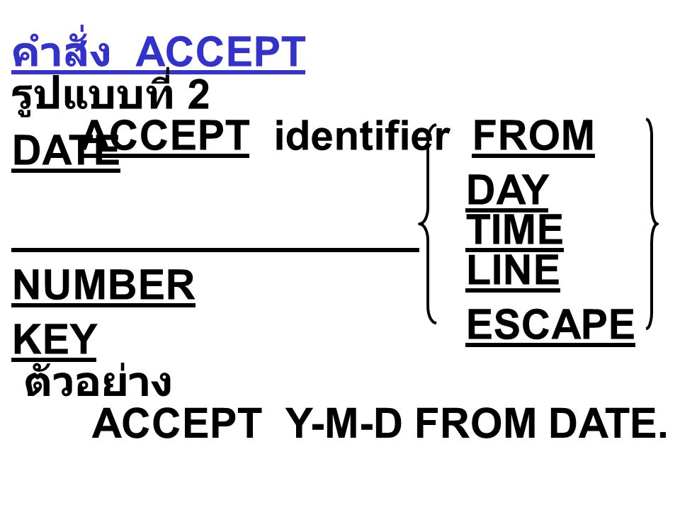 คำสั่ง ACCEPT รูปแบบที่ 1 ACCEPT identifier ตัวอย่าง ACCEPT STUDENT- NO.