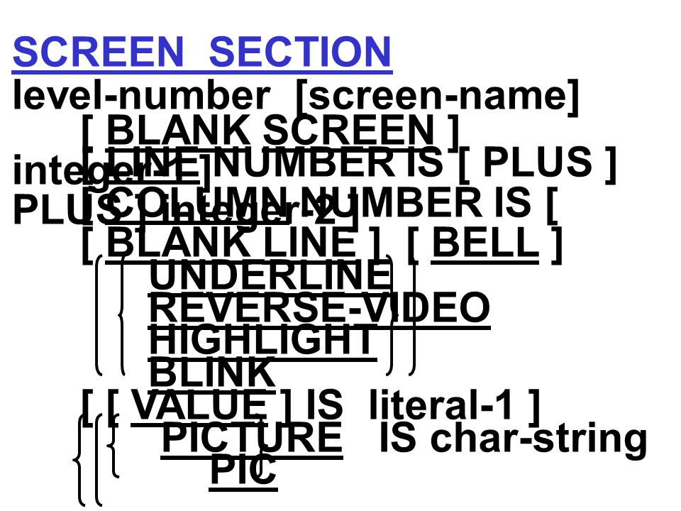 คำสั่ง ACCEPT รูปแบบที่ 4 ACCEPT screen-name [ ON ESCAPE imperative statement ] ตัวอย่าง ACCEPT MENU-SCREEN.