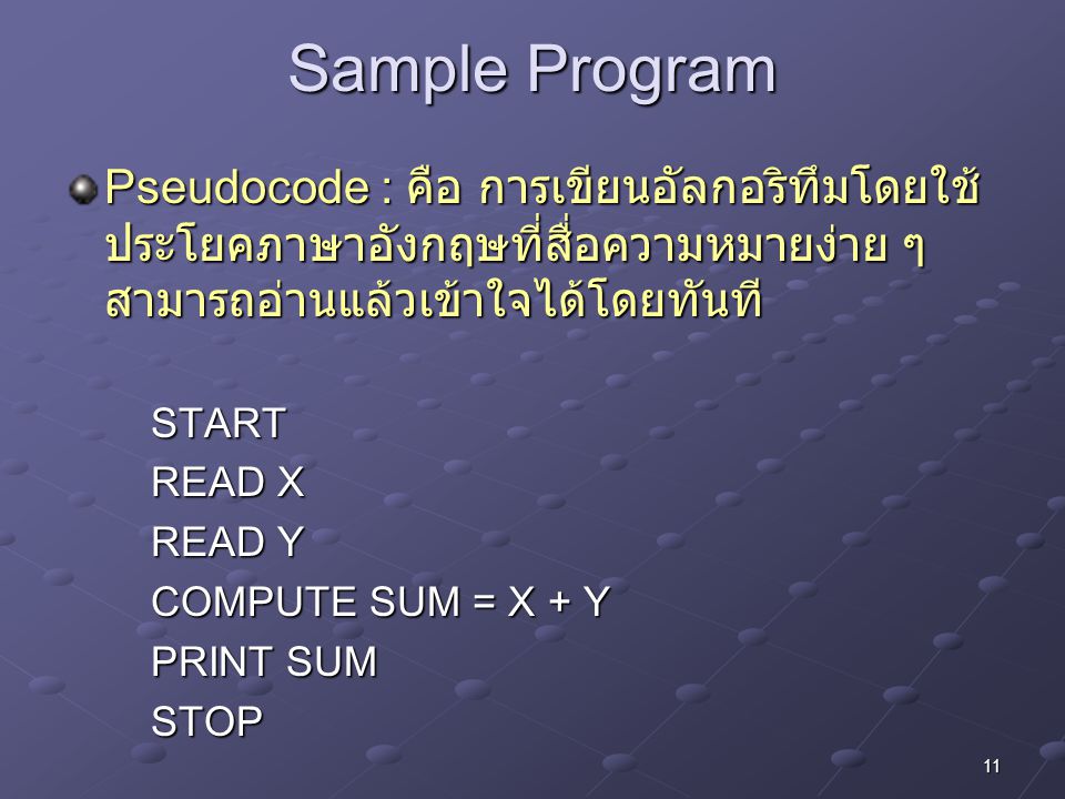 11 Sample Program Pseudocode : คือ การเขียนอัลกอริทึมโดยใช้ ประโยคภาษาอังกฤษที่สื่อความหมายง่าย ๆ สามารถอ่านแล้วเข้าใจได้โดยทันที START READ X READ Y COMPUTE SUM = X + Y PRINT SUM STOP