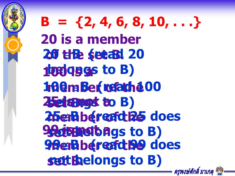 B = {2, 4, 6, 8, 10,...} 20 is a member of the set B.