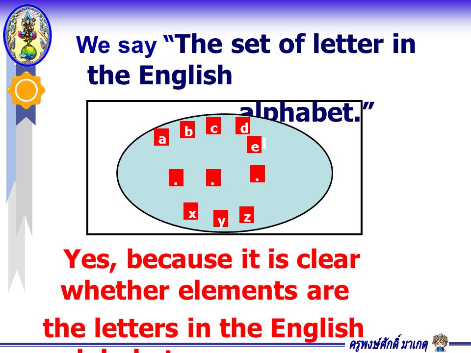 We say The set of letter in the English alphabet. a b cd e...