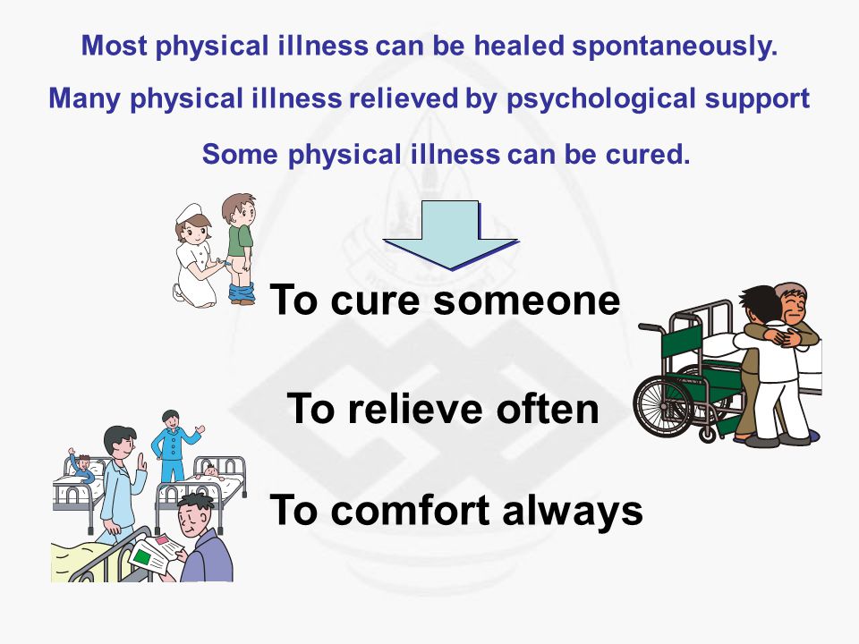 To cure someone To relieve often To comfort always Most physical illness can be healed spontaneously.